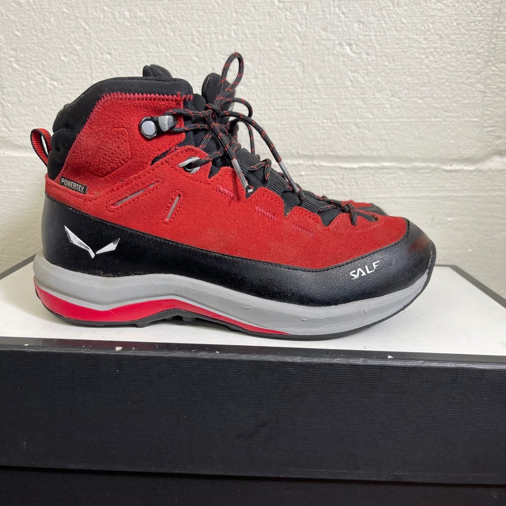 Salewa MT Trainer 2 Mid Powertex Flame Red Black Hiking Boots Lace Up Kids 2 US‎